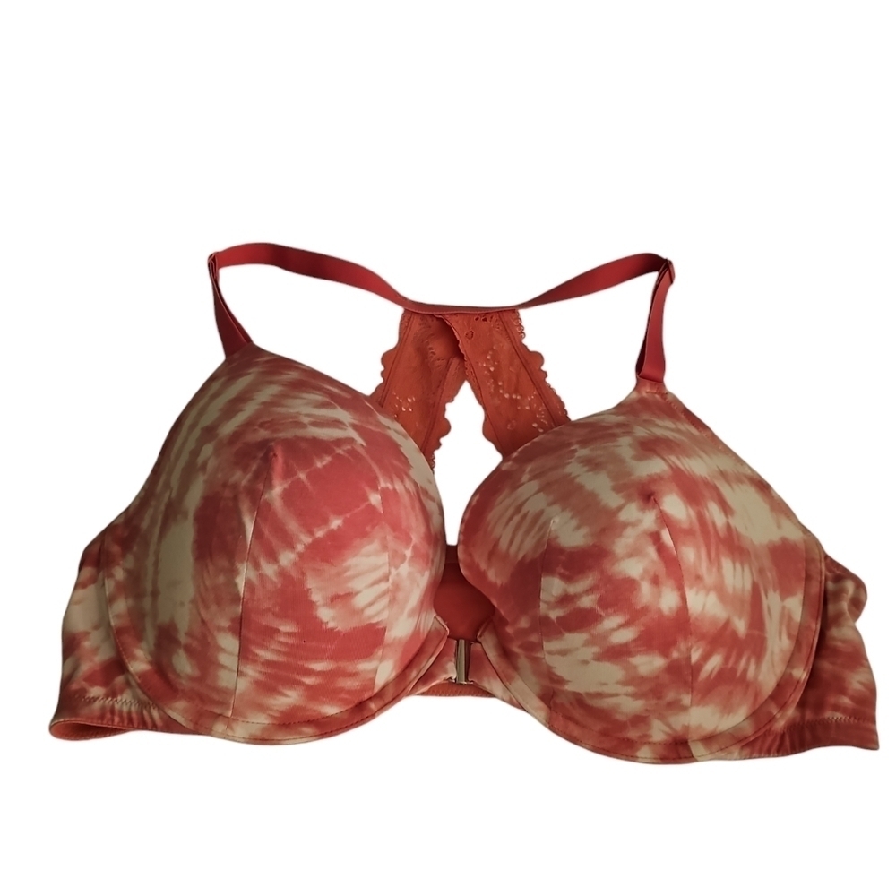 Cacique pink tie dye boost plunge front closure underwire bra sz 44DD WL348